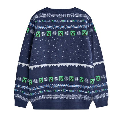 Blue - Back - Minecraft Boys Creeper Christmas Jumper