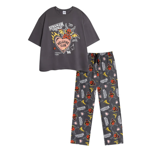 Grey - Front - Stranger Things Womens-Ladies Hellfire Club Logo Short-Sleeved Long Pyjama Set