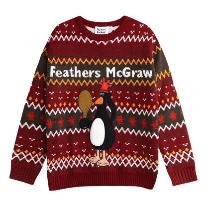 Red - Front - Wallace and Gromit Unisex Adult Feathers McGraw Christmas Jumper