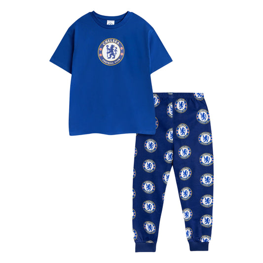 Blue - Front - Chelsea FC Boys Crest Short-Sleeved Long Pyjama Set
