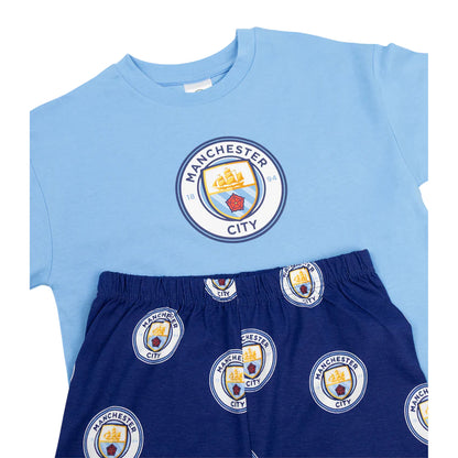 Light Blue-Blue - Side - Manchester City FC Boys Crest Short-Sleeved Long Pyjama Set