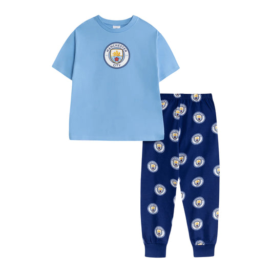 Light Blue-Blue - Front - Manchester City FC Boys Crest Short-Sleeved Long Pyjama Set