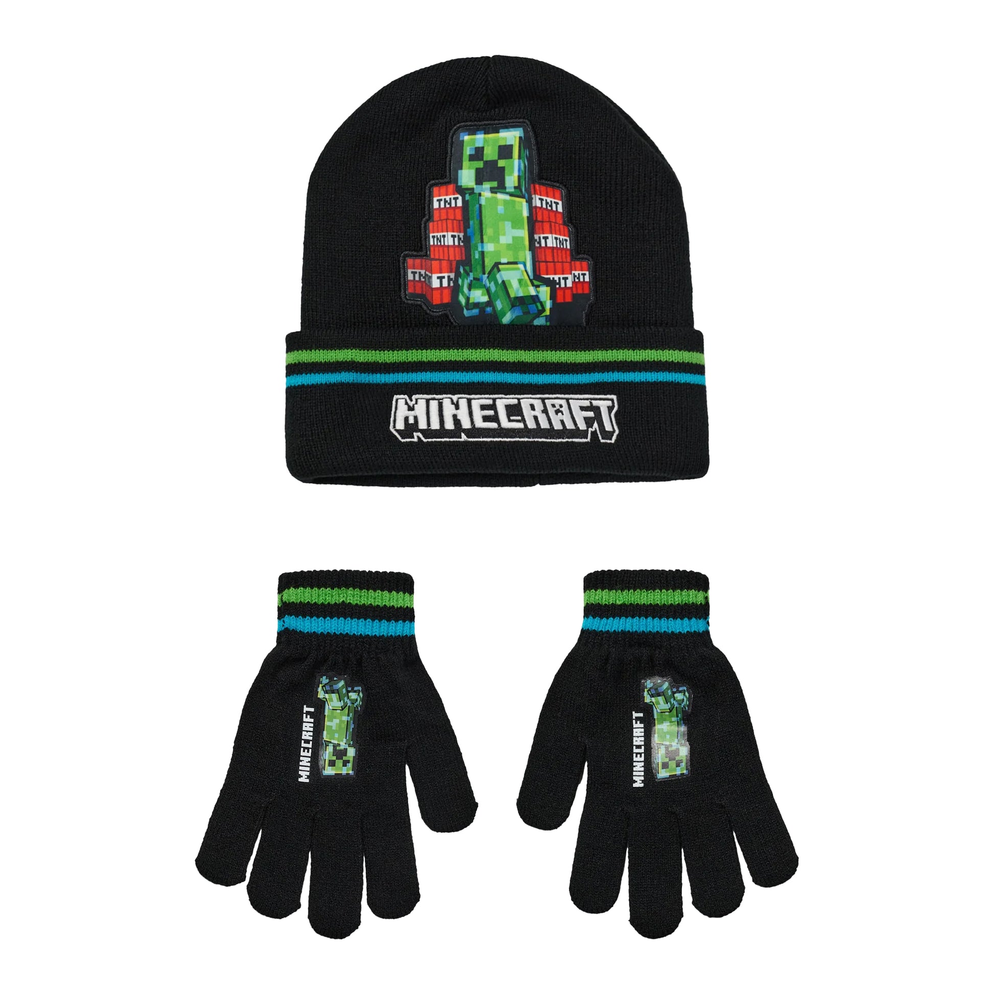 Black - Front - Minecraft Boys Creeper Beanie & Gloves Set