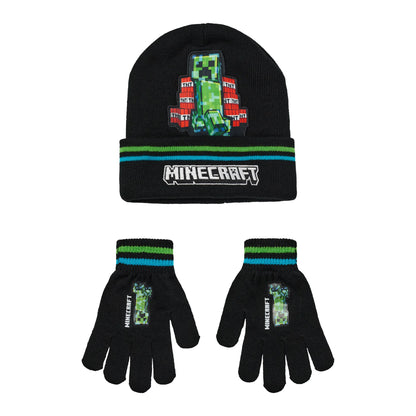 Black - Front - Minecraft Boys Creeper Beanie & Gloves Set
