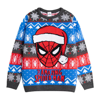 Blue - Front - Spider-Man Boys Face Christmas Jumper