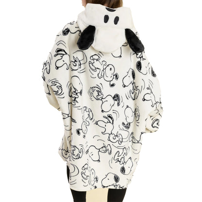 Off White-Black - Back - Peanuts Womens-Ladies Snoopy Blanket Hoodie