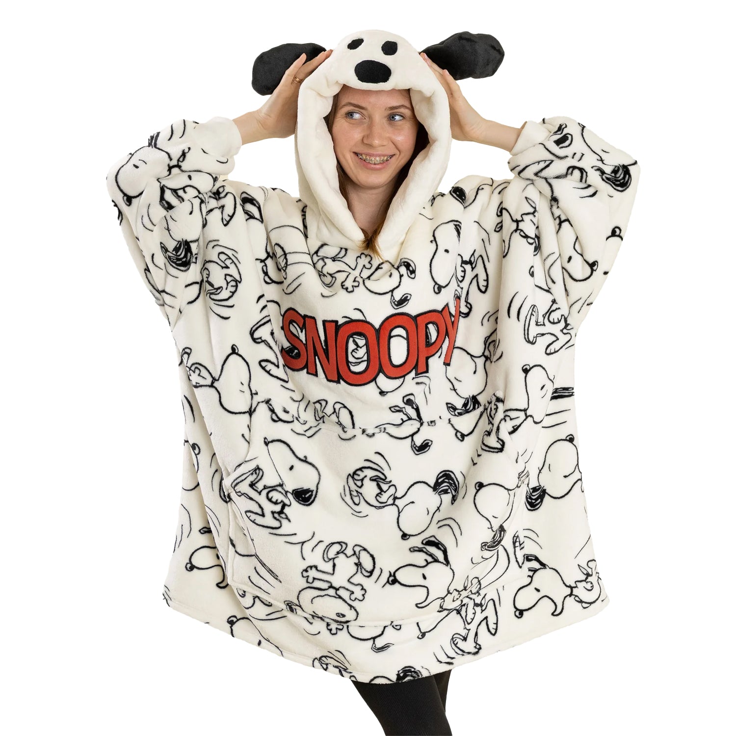 Off White-Black - Front - Peanuts Womens-Ladies Snoopy Blanket Hoodie