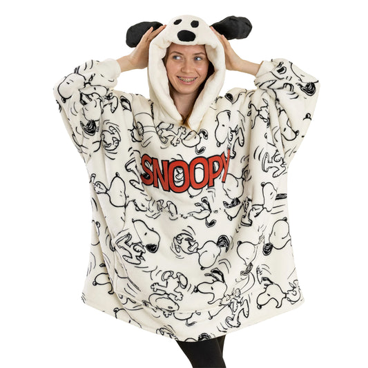 Off White-Black - Front - Peanuts Womens-Ladies Snoopy Blanket Hoodie