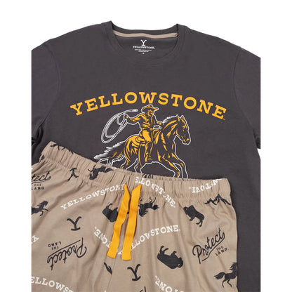 Grey-Brown - Side - Yellowstone Mens Character Short-Sleeved Long Pyjama Set