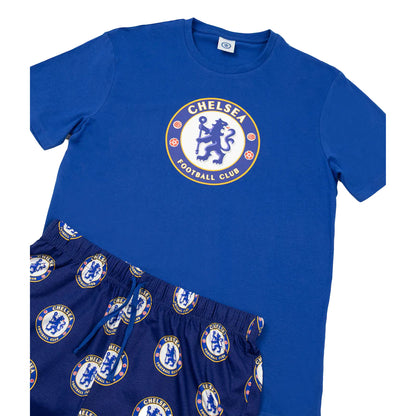 Blue - Side - Chelsea FC Mens Crest Short-Sleeved Long Pyjama Set