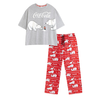 Grey-Red - Front - Coca-Cola Womens-Ladies Logo Short-Sleeved Long Pyjama Set
