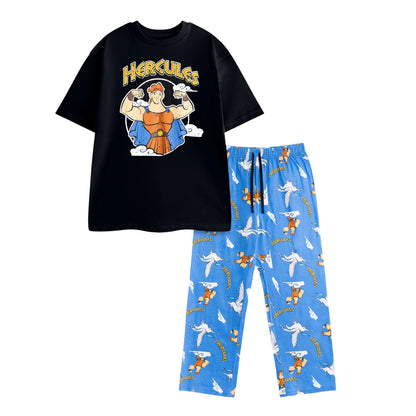 Black-Blue - Front - Hercules Mens Short-Sleeved Long Pyjama Set