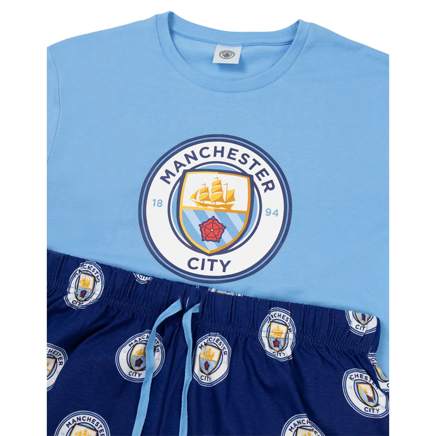 Blue - Side - Manchester City FC Mens Crest Short-Sleeved Long Pyjama Set
