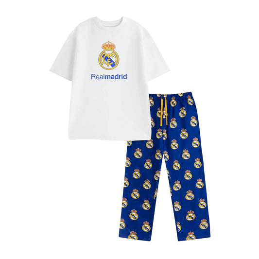 White-Blue - Front - Real Madrid CF Mens Crest Short-Sleeved Long Pyjama Set