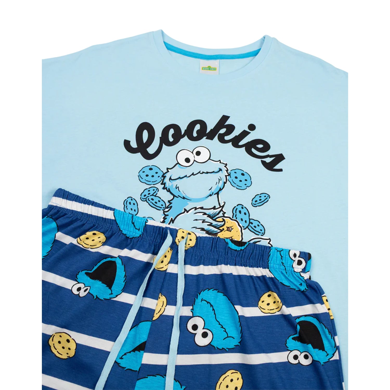 Blue - Side - Sesame Street Womens-Ladies Cookie Monster Short-Sleeved Long Pyjama Set