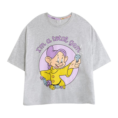 Grey-Purple - Back - Snow White And The Seven Dwarfs Womens-Ladies Dopey Short-Sleeved Long Pyjama Set