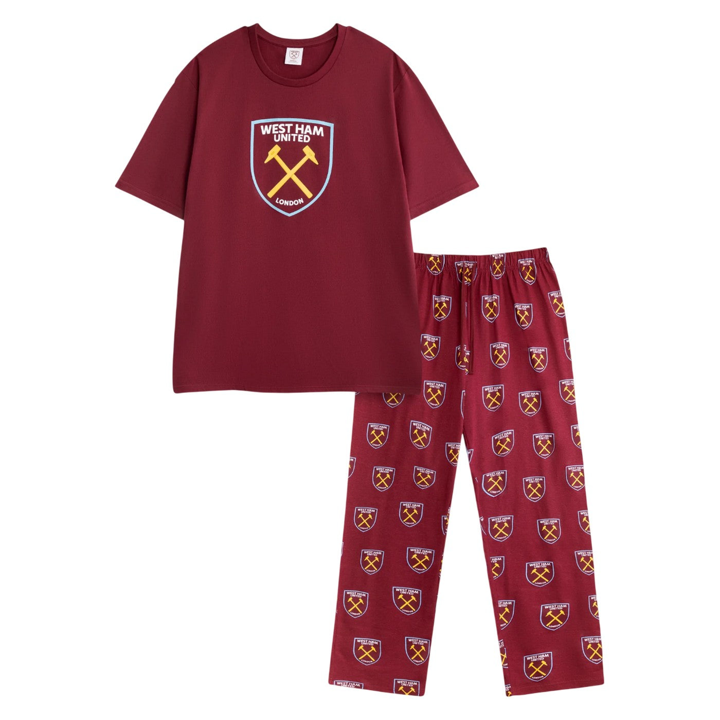 Claret - Front - West Ham United FC Unisex Adult Crest Short-Sleeved Long Pyjama Set