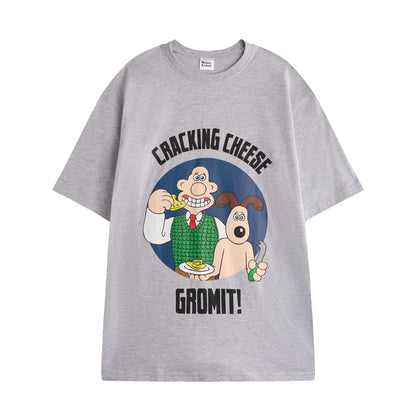 Grey-Blue - Back - Wallace and Gromit Mens Characters Short-Sleeved Long Pyjama Set