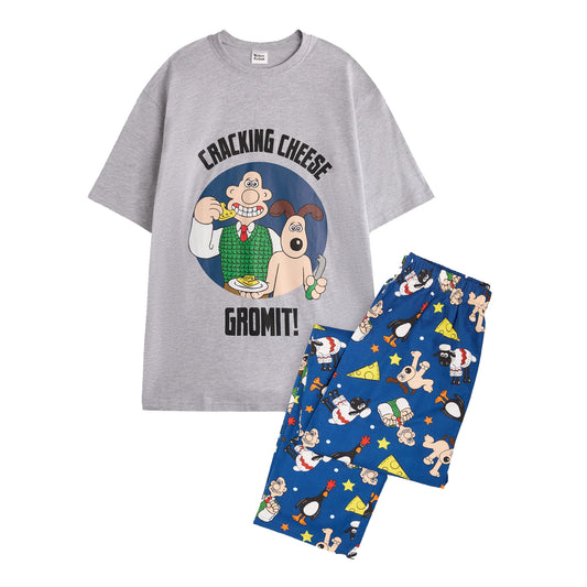 Grey-Blue - Front - Wallace and Gromit Mens Characters Short-Sleeved Long Pyjama Set