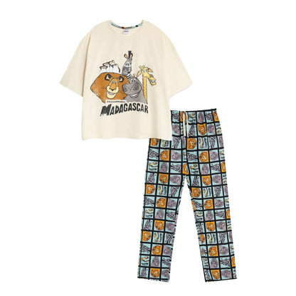 Beige - Front - Madagascar Womens-Ladies Characters Short-Sleeved Long Pyjama Set