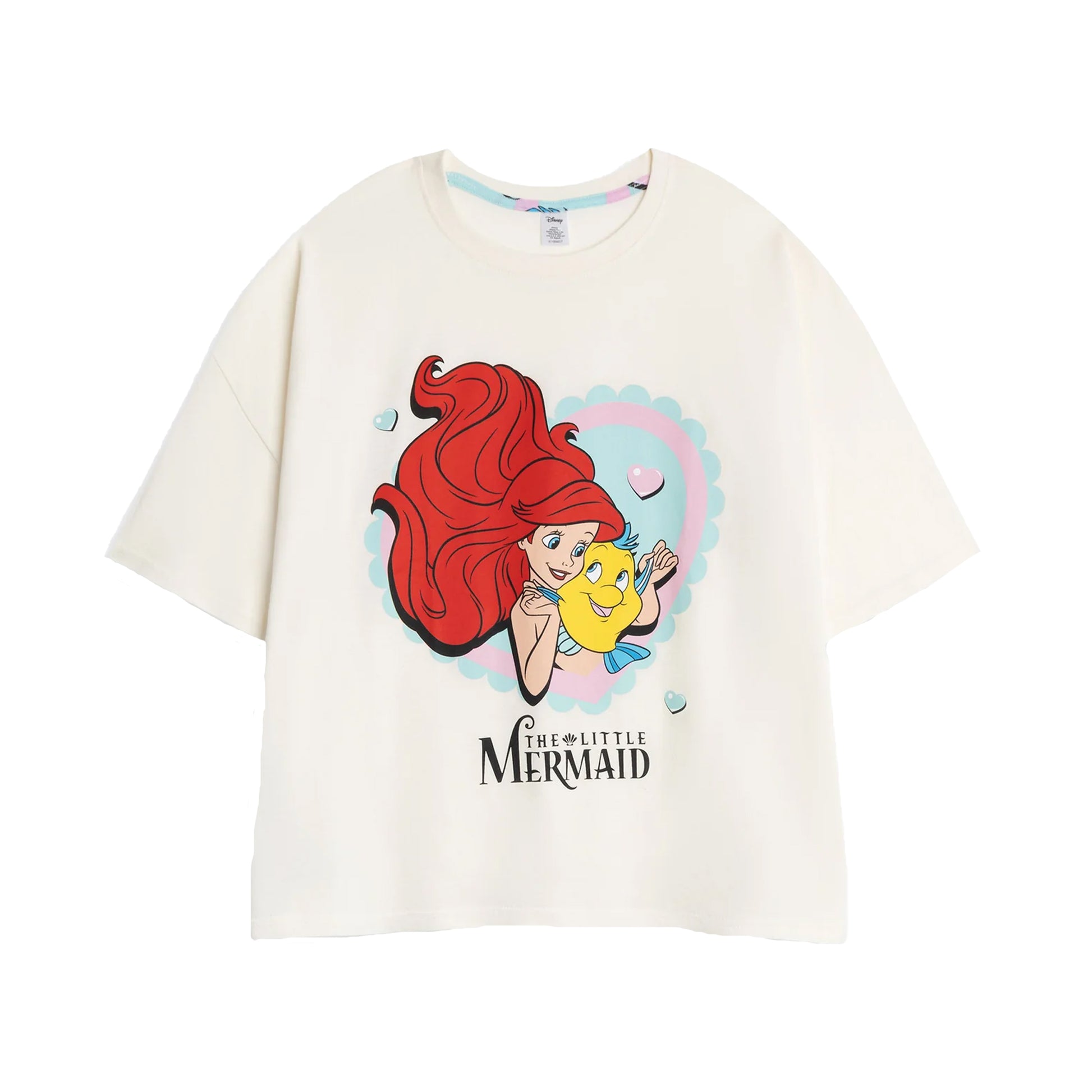 Beige-Blue-Pink - Back - The Little Mermaid Womens-Ladies Ariel & Flounder Short-Sleeved Long Pyjama Set