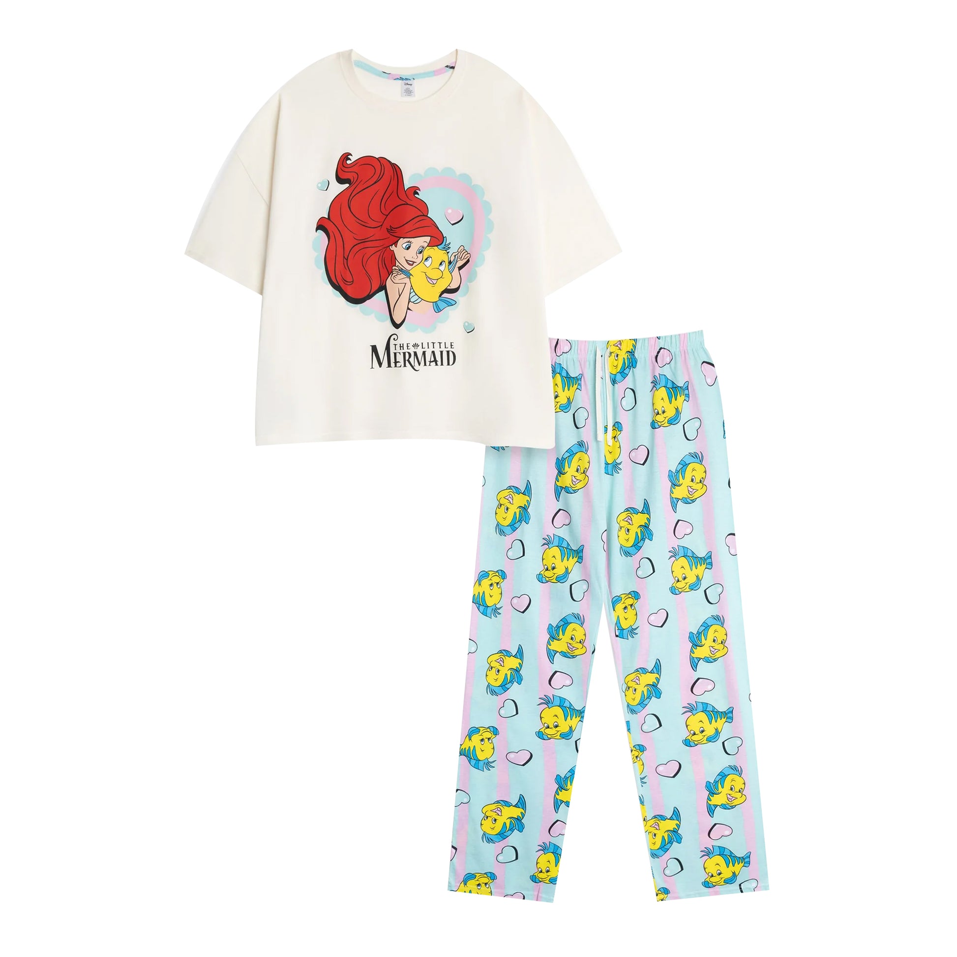 Beige-Blue-Pink - Front - The Little Mermaid Womens-Ladies Ariel & Flounder Short-Sleeved Long Pyjama Set