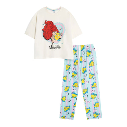 Beige-Blue-Pink - Front - The Little Mermaid Womens-Ladies Ariel & Flounder Short-Sleeved Long Pyjama Set