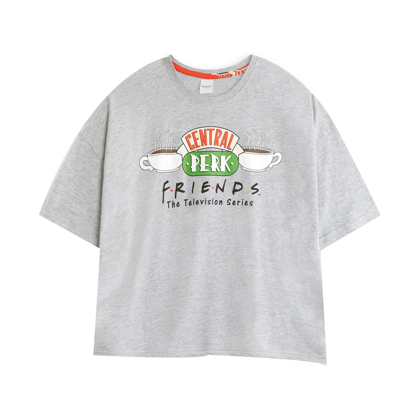 Grey-Red - Back - Friends Womens-Ladies Logo Short-Sleeved Long Pyjama Set