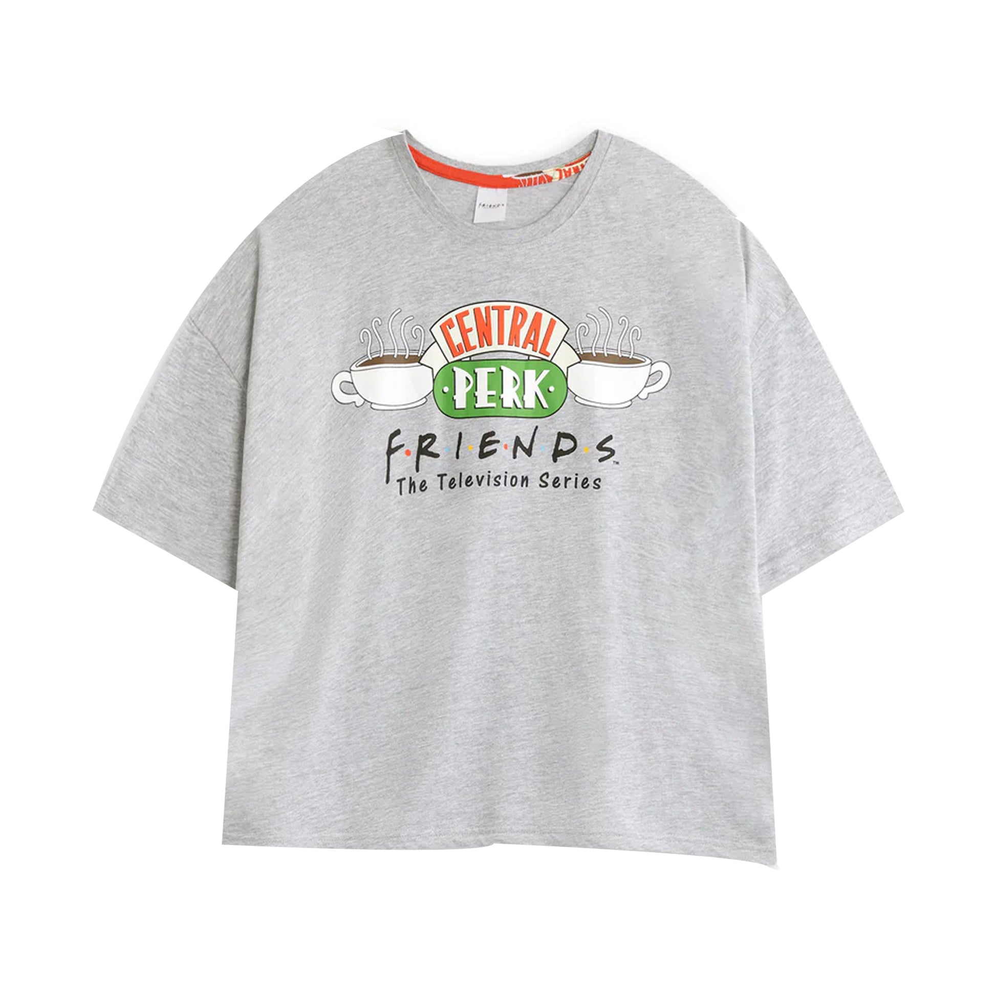 Grey-Red - Back - Friends Womens-Ladies Logo Short-Sleeved Long Pyjama Set