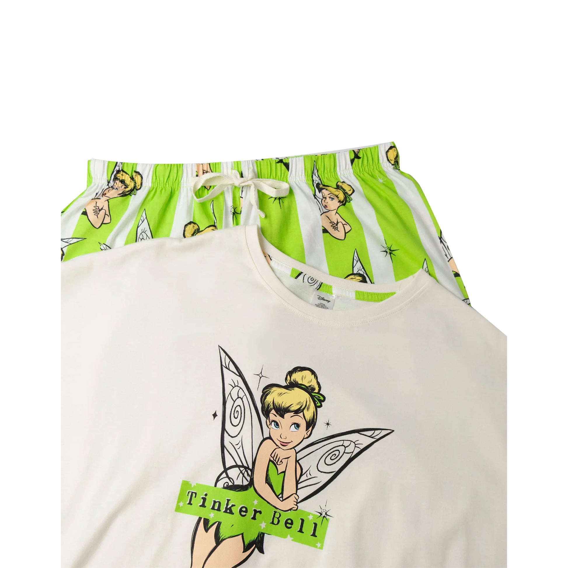 White-Green - Side - Tinkerbell Womens-Ladies Short-Sleeved Long Pyjama Set