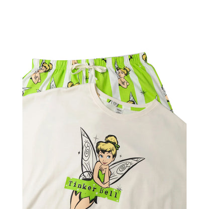 White-Green - Side - Tinkerbell Womens-Ladies Short-Sleeved Long Pyjama Set