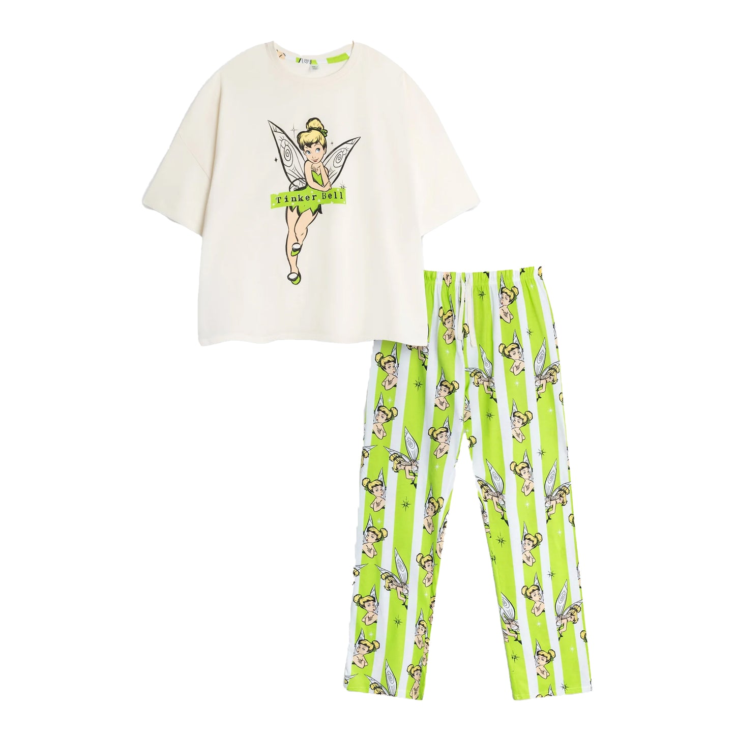 White-Green - Front - Tinkerbell Womens-Ladies Short-Sleeved Long Pyjama Set