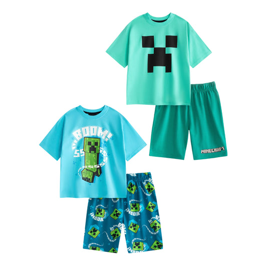 Light Blue-Green - Front - Minecraft Boys Creeper Short-Sleeved Short Pyjama Set (Pack of 2)