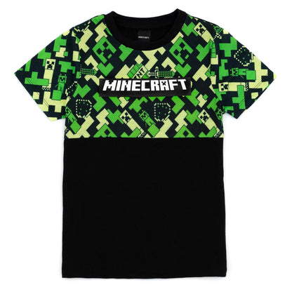 Green-Black - Back - Minecraft Boys Creeper Short-Sleeved Long Pyjama Set