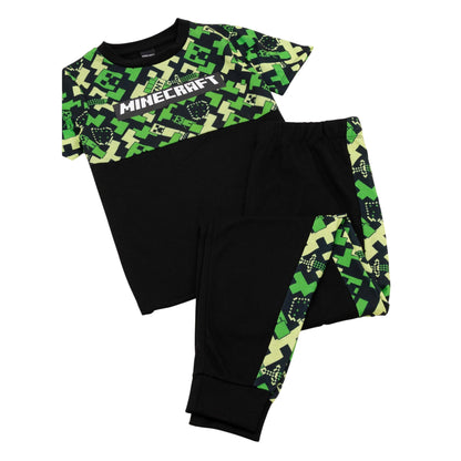 Green-Black - Pack Shot - Minecraft Boys Creeper Short-Sleeved Long Pyjama Set