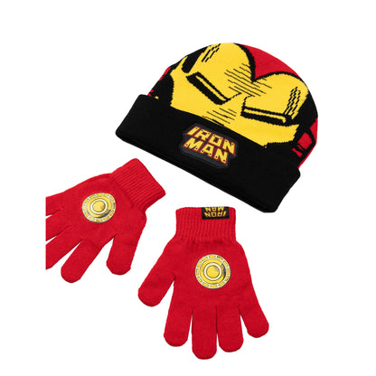 Red - Back - Iron Man Boys Logo Beanie & Gloves Set
