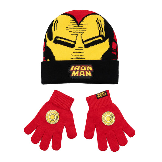Red - Front - Iron Man Boys Logo Beanie & Gloves Set