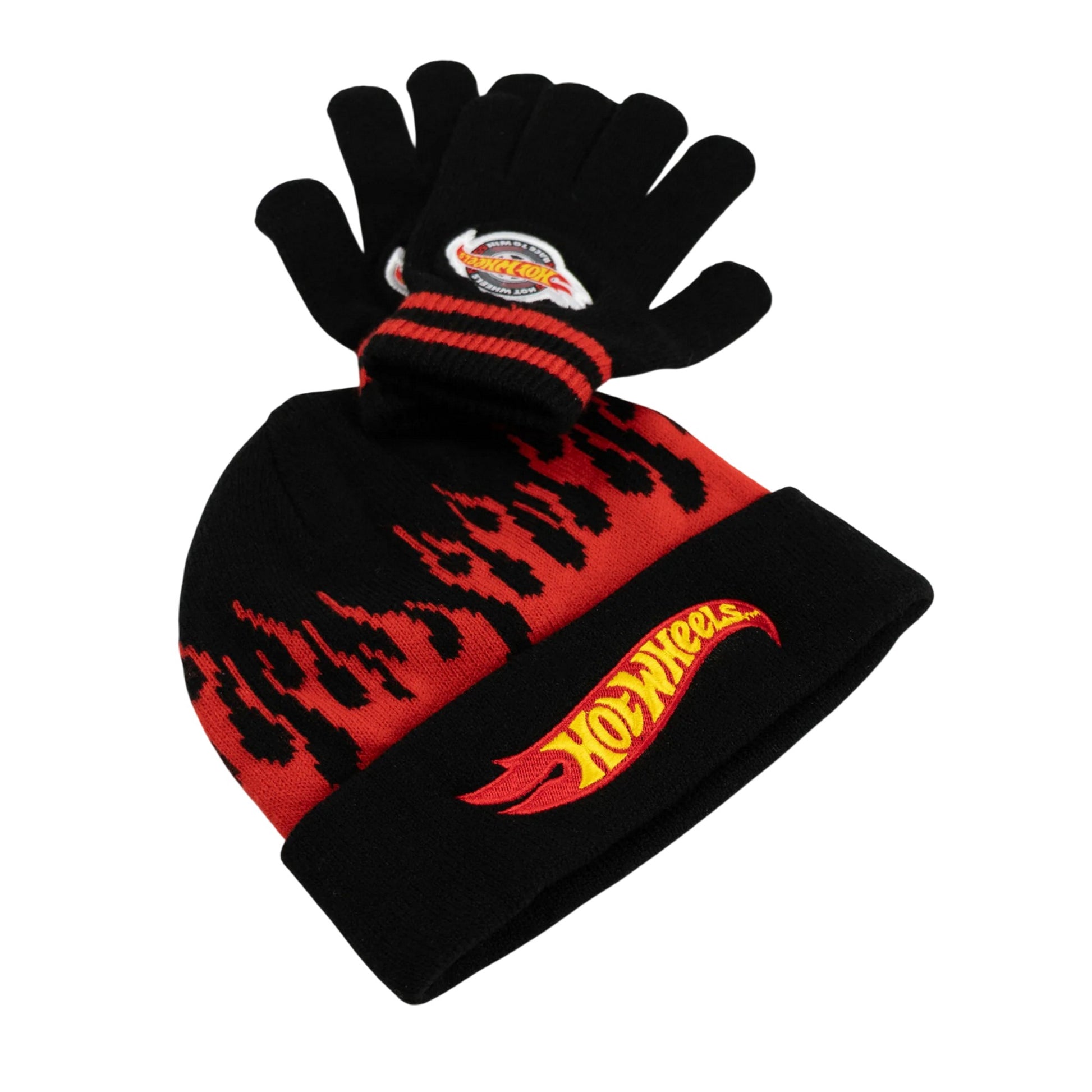 Black-Red - Back - Hot Wheels Childrens-Kids Beanie & Gloves Set