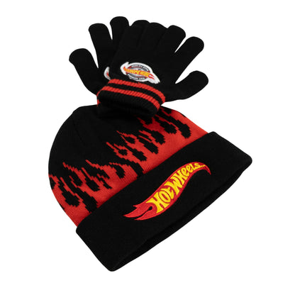Black-Red - Back - Hot Wheels Childrens-Kids Beanie & Gloves Set