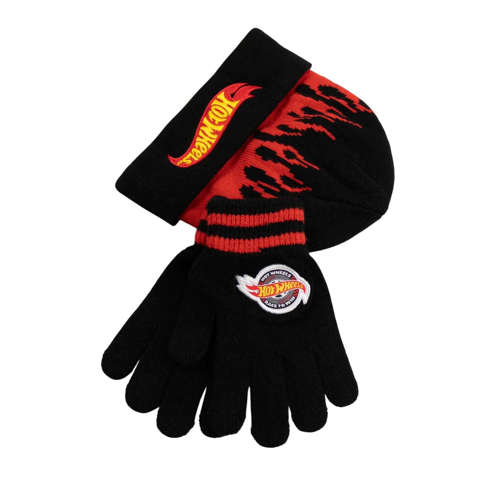 Black-Red - Side - Hot Wheels Childrens-Kids Beanie & Gloves Set