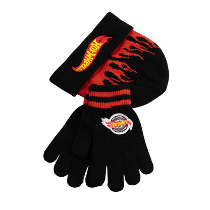 Black-Red - Side - Hot Wheels Childrens-Kids Beanie & Gloves Set