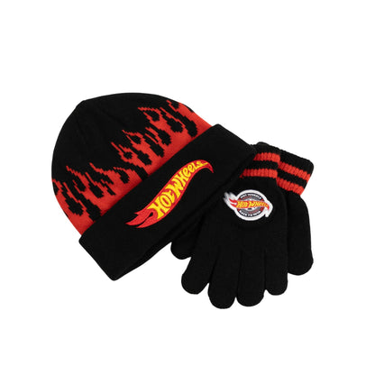 Black-Red - Lifestyle - Hot Wheels Childrens-Kids Beanie & Gloves Set