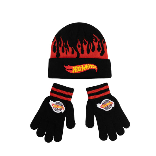 Black-Red - Front - Hot Wheels Childrens-Kids Beanie & Gloves Set
