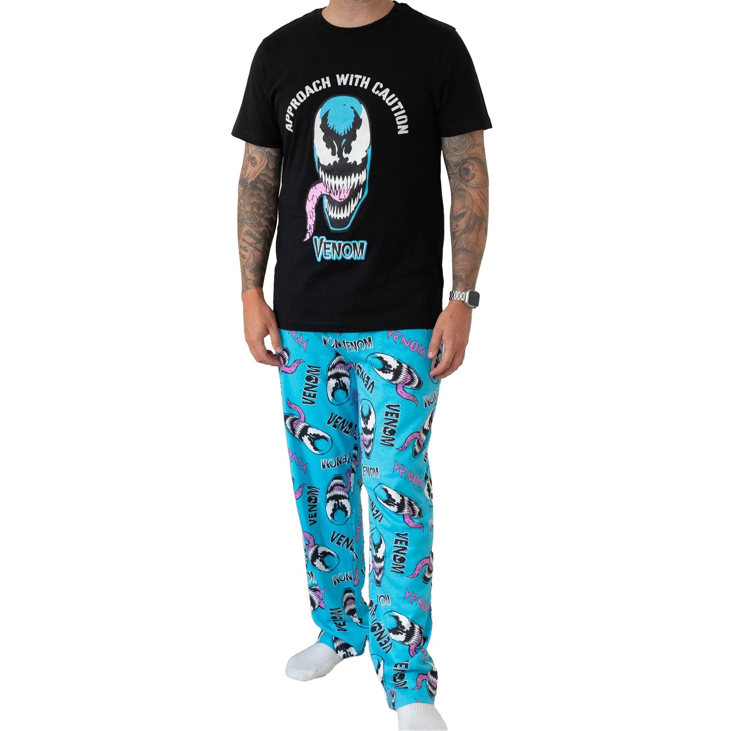 Black-Blue - Pack Shot - Venom Mens Approach With Caution Short-Sleeved Long Pyjama Set