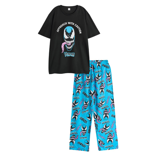 Black-Blue - Front - Venom Mens Approach With Caution Short-Sleeved Long Pyjama Set