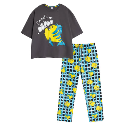 Grey-Blue - Front - The Little Mermaid Womens-Ladies Flounder Short-Sleeved Long Pyjama Set