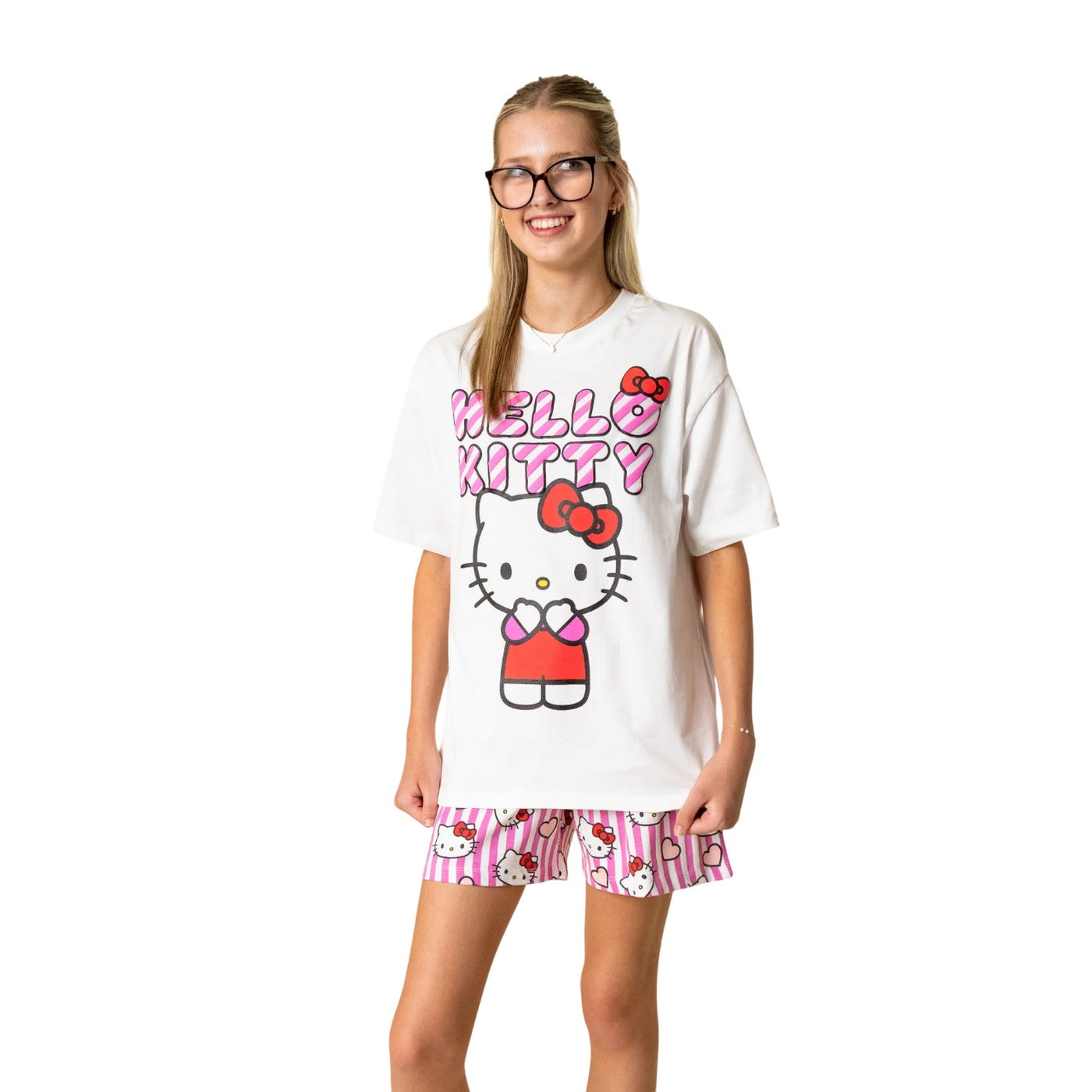 Pink-White - Close up - Hello Kitty Girls Hearts & Bows Short Pyjama Set