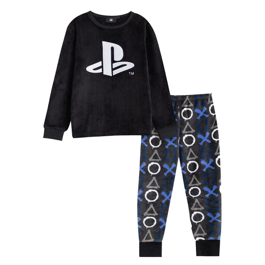 Black - Front - Playstation Boys Logo Long-Sleeved Long Pyjama Set