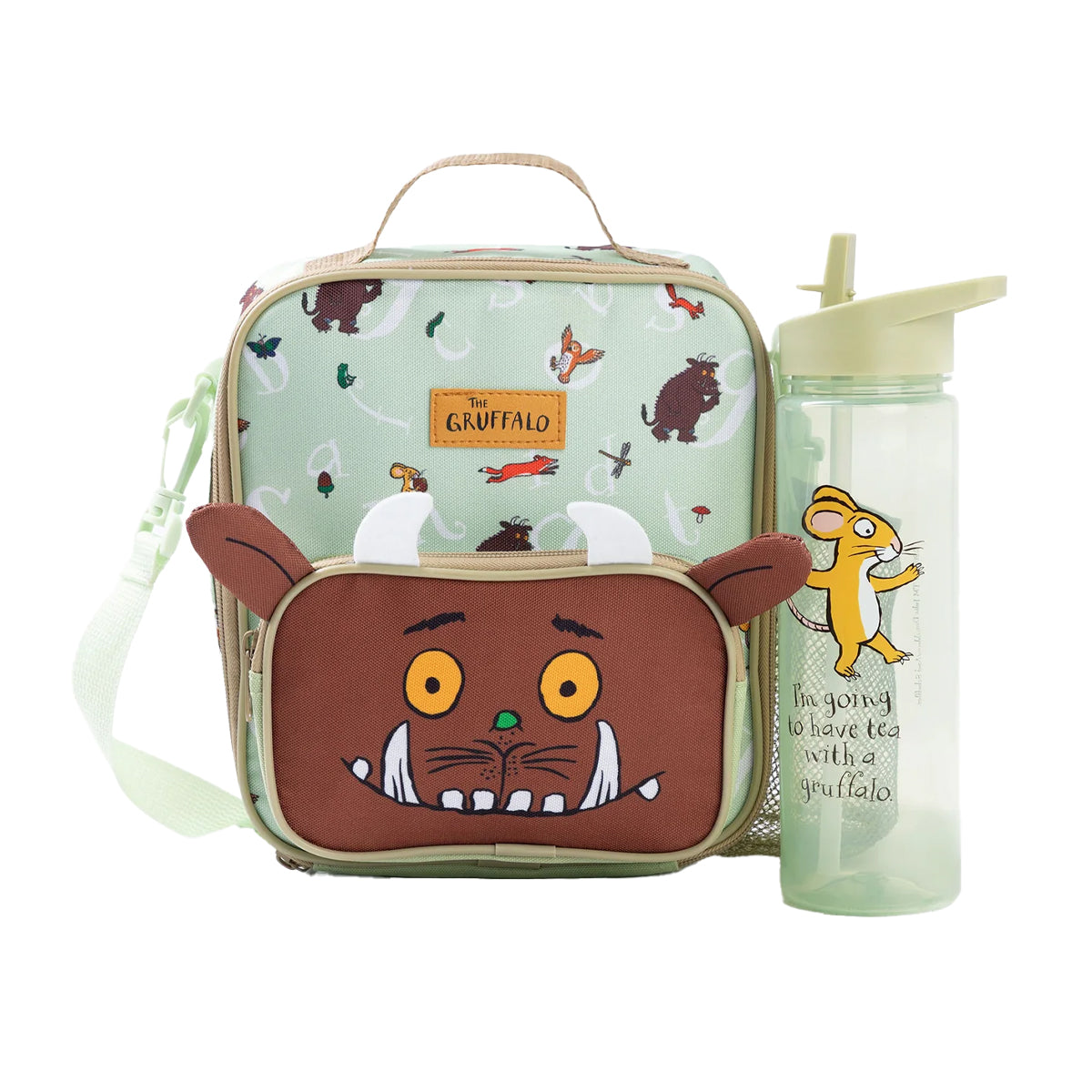 Brown-Green-Sand - Front - The Gruffalo Childrens-Kids Face Lunch Bag Set