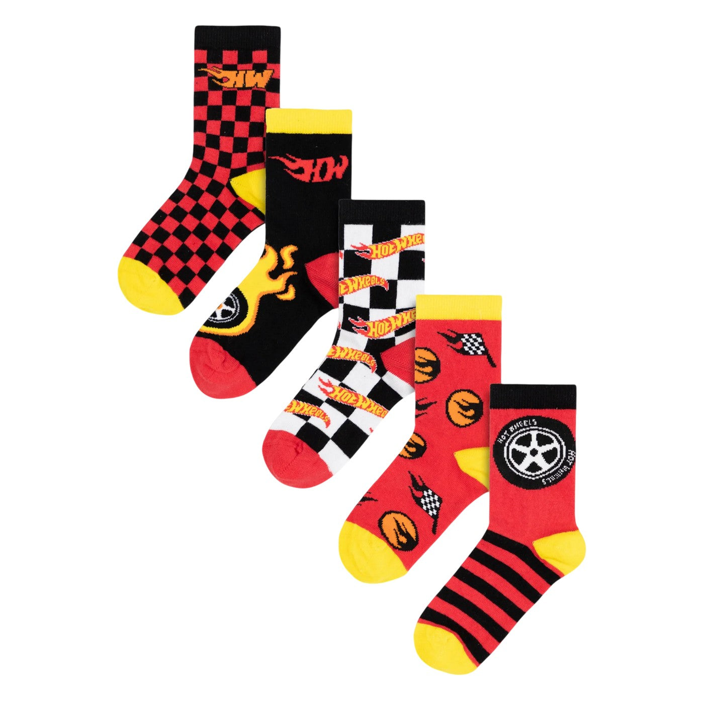 Multicoloured - Front - Hot Wheels Boys Checkerboard Flame Calf-Length Socks (Pack of 5)